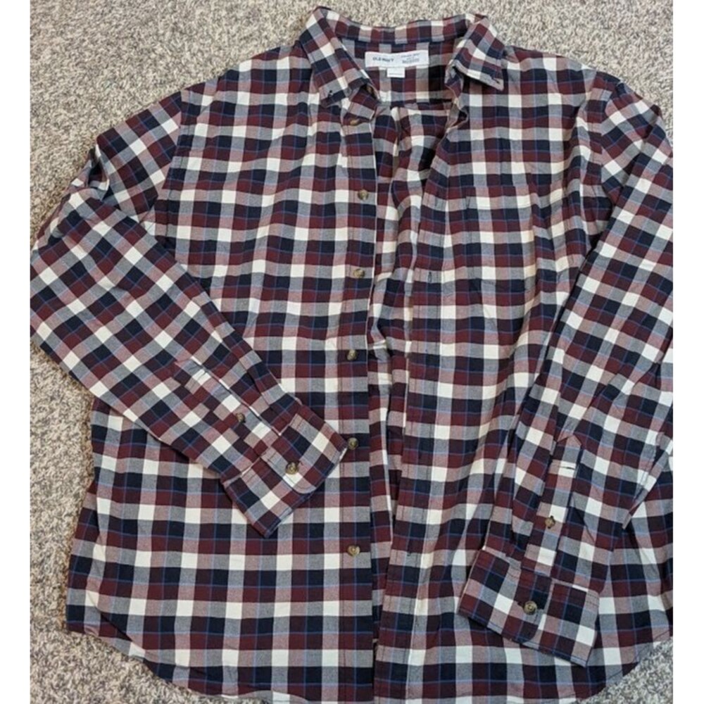 Old Navy Mens XL Everyday Shirt Slim Fit Built-In Flex Navy Maroon Button Down